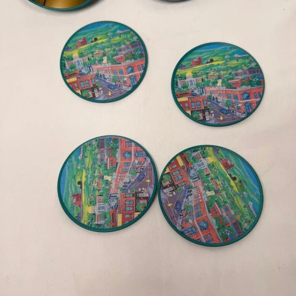 Vintage Heilig-Meyers‎ Folk Art Small Town Main Street Coaster Set with Tin 4pc